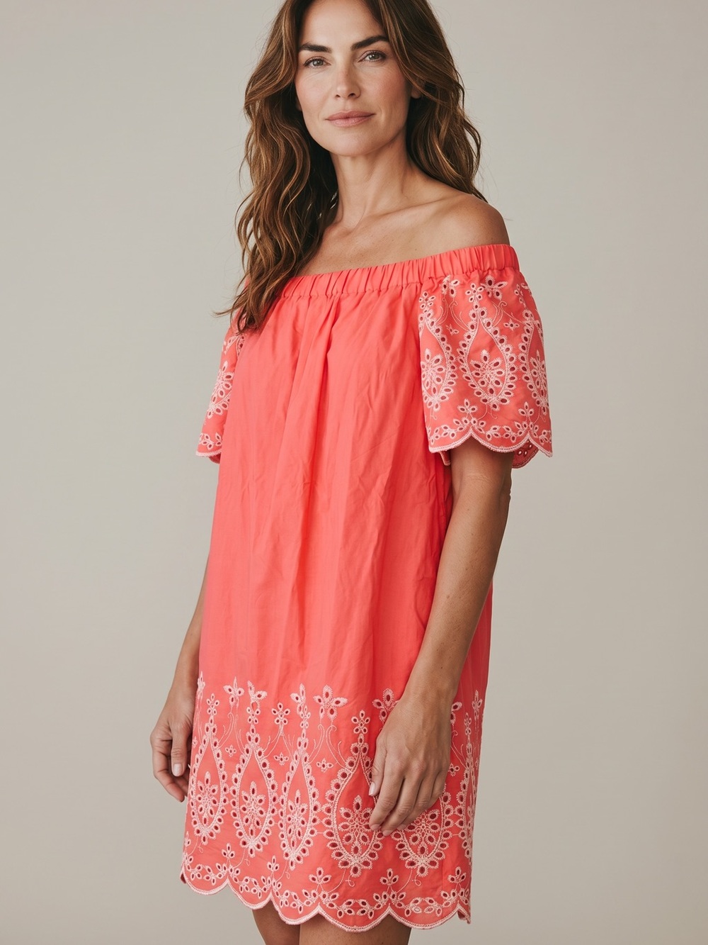 Coral Off-Shoulder Eyelet Swim Cover-Up Dress New York & Co size L New